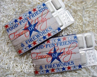 May include: Two packs of gum with red, white, and blue patriotic designs. The front of each pack reads "Food Fun Friends Fourth of July & Fireworks".
