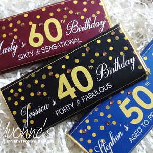 30th 40th 50th 60th Birthday Candy Bar Wrappers for Chocolate Bar Favors-Gold Confetti Milestone Birthday Party Favors-Black, Burgundy, Blue