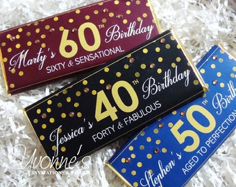 30th 40th 50th 60th Birthday Candy Bar Wrappers for Chocolate Bar Favors-Gold Confetti Milestone Birthday Party Favors-Black, Burgundy, Blue