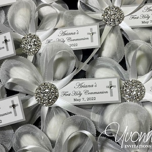Jordan Almond Communion-Baptism Flower Bombonieres-Ivory Confetti Flower-Personalized Tag+Printed Cross-Ribbon-Bling-Italian-Inspired Favor