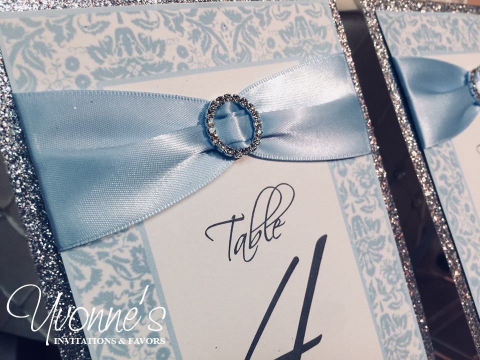 Table Numbers With Ribbon Table Numbers in Light Blue-silver With Ribbon, Bling, Glitter - for ...