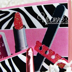 May include: Pink and black zebra print party favor boxes with a pink nail file and a pink lipstick with glitter. The boxes have the text "Briana's 10th Birthday" and "Yvonne's Invitations & Favors".