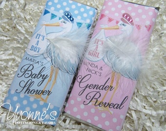 Baby Shower Candy Bar Wrappers Assembled with Chocolate-Party Favors-Gender Reveal Stork Baby-It's A Boy-It's A Girl-Announcement
