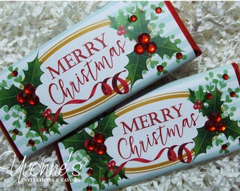 Christmas Candy Bar Wrappers Assembled with Chocolate Bar Favors-Mistletoe-Holly Party Favors-Stocking Stuffers-School-Teacher-Office Gift