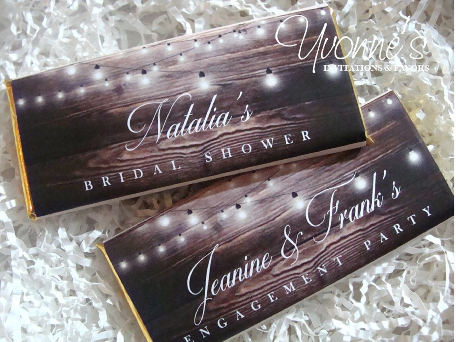 Rustic Candy Bar Wrappers Assembled With Chocolate Bars-string Lights ...