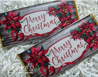 Christmas Candy Bar Wrappers Assembled with Chocolate Bars-Poinsettia Party Favors-Rustic Floral-Stocking Stuffers-School-Teacher-Office