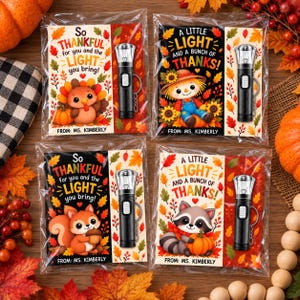 May include: Four clear plastic packages containing small black LED flashlights attached to decorative cards. The cards feature autumn-themed illustrations of a turkey, a scarecrow, a squirrel, and a raccoon, with text including So Thankful and A Little Light.