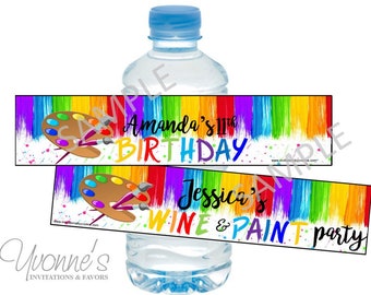 Art Party Water Bottle Wrappers-Art Party Birthday, School Art Class Party/Paintbrush/Artist - Wine and Paint Night Party Favors -SET OF 12