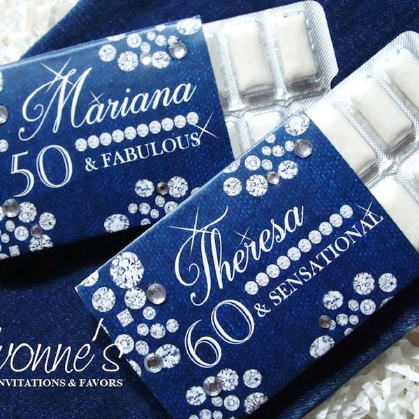 30-40-50-60 Birthday Gum Party Favor-Wrappers Assembled with Gum-Denim Background with Diamond-Rhinestones-Bling