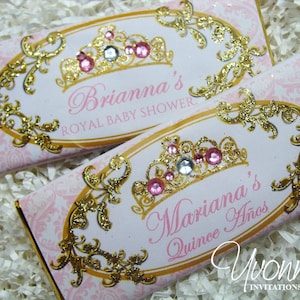 Princess Candy Bar Wrappers Assembled with Chocolate-Party Favors-Royal Tiara-Blush Pink+Gold-Baby Shower-1st Birthday, Sweet 16