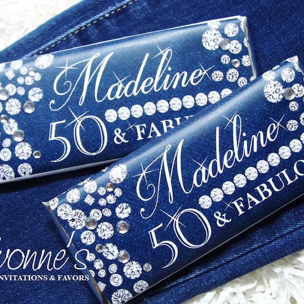 30-40-50-60 Birthday Candy Bar Wrappers Assembled with Chocolate Bars-Party Favors-Denim Background with Diamond-Rhinestones-Bling