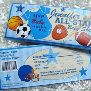 May include: A blue and white chocolate bar wrapper with a baseball, football, and baseball glove design. The wrapper says "MVP Baby is on his way!" and "Jennifer's All-Star Baby Shower".
