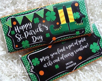 St. Patrick's Day Candy Bar Wrapper - Chocolate Bar Favor - Leprechaun Legs-Shamrock Party Favor- For Kids/School/Class/Office/Teacher Gift