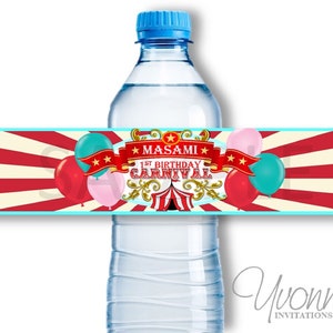 Circus Birthday Water Bottle Wrappers-Carnival Birthday-First 1st 2nd, 3rd, 4th, 5th, 6th Birthday-Red-Pink-Turquoise Circus Theme