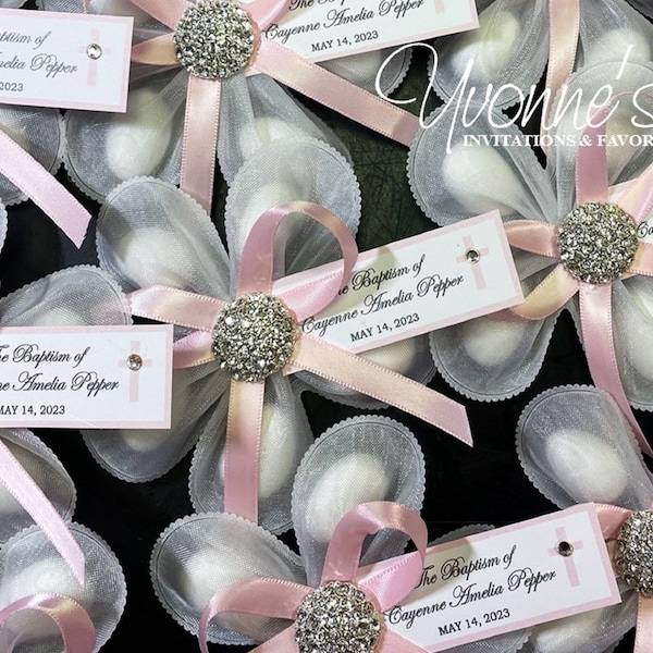 Jordan Almond Communion-Baptism Flower Bombonieres-White Confetti Flower + Pink Ribbon + Personalized Tag - Italian-Inspired Favor