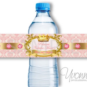 Princess Water Bottle Wrappers-Blush Pink and Gold-Royal Baby Shower-1st First Birthday-Sweet 16-Quinceanera-Quince Anos Birthday-SET OF 12