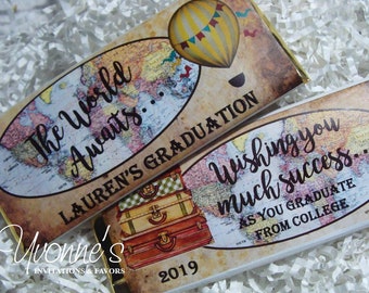 Graduation World Awaits Candy Bars Wrappers Assembled with Chocolate Bar Favors-Party Favors-Retirement-Travel-Adventure-New Venture-Job