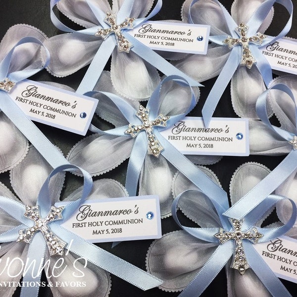 Jordan Almond Flower Communion-Christening Bombonieres-White Confetti Flower-Light Blue Ribbon-Personalized Tag-Bling Cross-Italian-Inspired