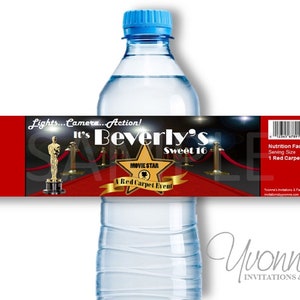 Hollywood Red Carpet VIP Water Bottle Wrappers - Birthday, Sweet 16, Bat/Bar Mitzvah, Graduation, Milestone Birthday - SET OF 12