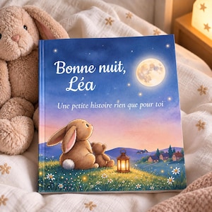 Peut inclure: Un livre pour enfants à couverture rigide intitulé Bonne nuit, Léa avec le sous-titre Une petite histoire rien que pour toi. La couverture montre un lapin brun et un ours en peluche assis dans un champ de marguerites sous la lune.
