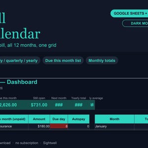 Fakturakalender, kalkylblad, Google Sheets, Excel-mall, månatlig fakturaöversikt, 12-månaders fakturaorganisatör, förfallodatum (mörkt läge)