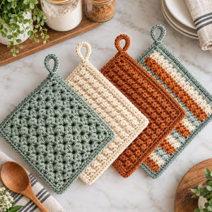 May include: Four square crochet potholders with hanging loops. One is sage green with a star pattern, one is cream with a grid texture, one is burnt orange with a grid texture, and one features alternating stripes of sage green, cream, and orange.