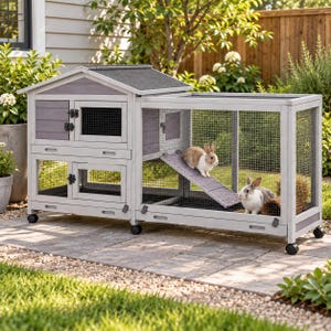 May include: A two-story wooden rabbit hutch with a gray and white finish, featuring a gabled roof, wire mesh enclosures, a ramp connecting levels, and small wheels at the base. Two rabbits are inside the structure, one on the ramp and one below.