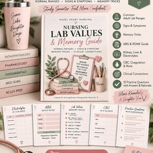 May include: A digital nursing lab values and memory guide featuring a book, a pink tumbler, and study sheets. The book cover displays the title Nursing Lab Values & Memory Guide with a stethoscope and clipboard illustration. Includes text and icons.