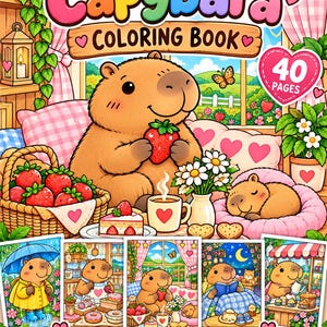 Peut inclure: Un livre de coloriage Capybara de 40 pages illustré d'un capybara mangeant une fraise, un panier de fraises, une tasse de café et un capybara endormi. La couverture présente cinq petites illustrations de capybaras et le texte Relaxing Cozy Cute Fun.