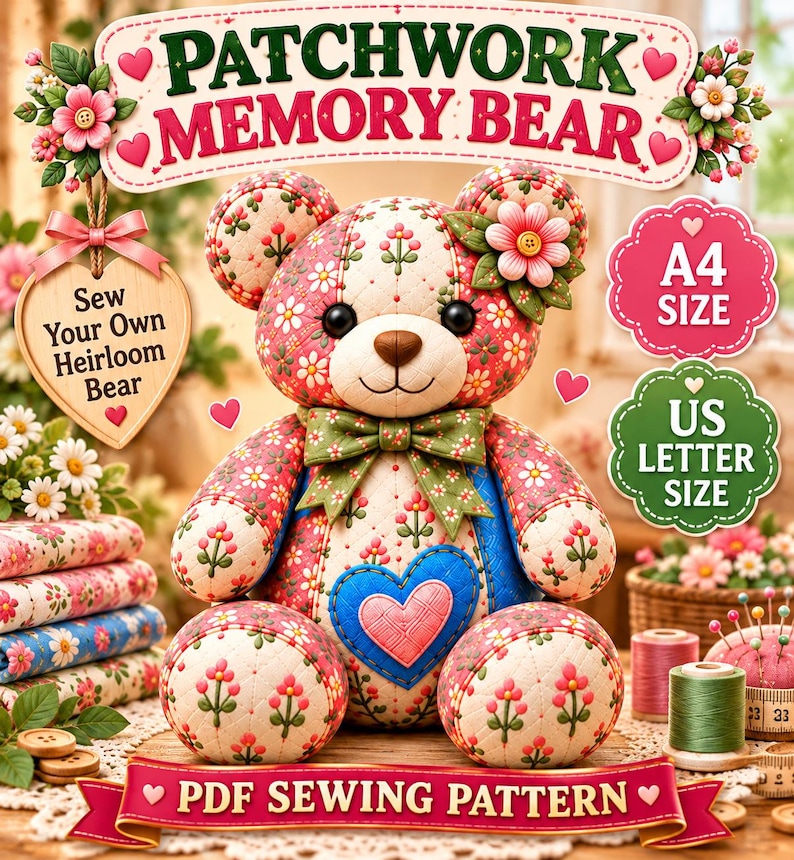 Memory Bear Sewing Pattern PDF, 10 Sizes, Floral Teddy Bear - Etsy
