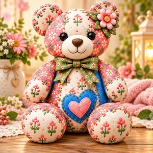 Könnte beinhalten: Ein Plüschteddybär aus cremefarbenem Stoff mit einem rosa-grünen Blumenmuster. Der Bär hat eine grüne Fliege am Hals, einen blauen Herzaufnäher auf der Brust und eine rosa Blumenapplikation am linken Ohr. Er hat schwarze Augen.