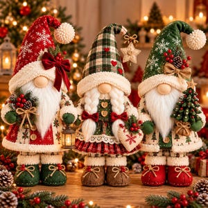 May include: Three plush gnome figurines featuring festive holiday attire. The left gnome wears a red snowflake hat, the center gnome has a green plaid hat with braids, and the right gnome wears a green snowflake hat with a small tree.