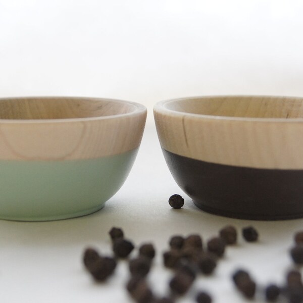 Mini Wood Bowls, Set of Two: Mint Green, Chocolate Brown, great for condiments in the kitchen or jewls in the bedroom