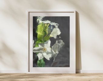 Moody Paperwhite Flowers on Grey, Modern Abstract Photography by Araya Jensen