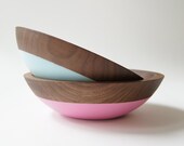 Wooden Salad Bowl, 7" Set of 2, Walnut Wood, Pink and Blue, Modern Wedding Gift