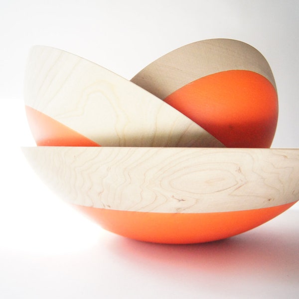 Wooden Nesting Bowls set of 3, Neon Orange, CHERRY WOOD, Halloween, Fall Decor