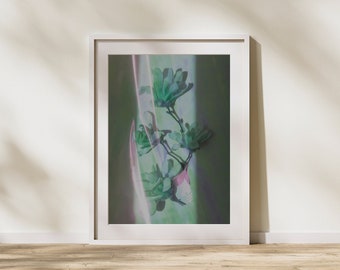 Può includere: Una stampa incorniciata di un arrangiamento floreale con fiori e foglie verdi su uno sfondo bianco. I fiori sono parzialmente nascosti da una tenda bianca trasparente.