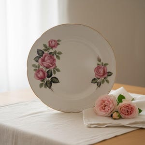 May include: A round white ceramic dinner plate featuring a delicate floral pattern of pink roses with green leaves on the left and right sides. The plate has a subtle scalloped edge with a thin gold rim, complemented by two fresh pink roses.