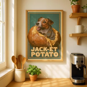 Póster de Jack Russell, divertido arte mural de perros, juego de palabras con patatas asadas, decoración de cocina retro, estilo de comida vintage