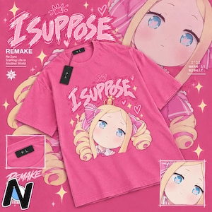May include: A bright pink short-sleeve t-shirt featuring a graphic of a blonde anime character with blue eyes and curly hair. The text "I SUPPOSE" is printed above the character. A black tag with "+ L" is attached to the crew neckline.