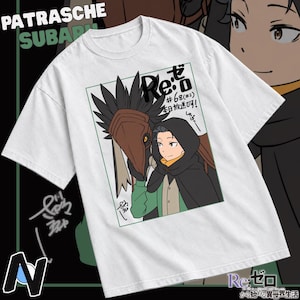 May include: A white short-sleeved t-shirt featuring a graphic illustration of a character wearing a dark hooded cloak and holding a large brown bird-like mask. The design includes the text Re:ゼロ #68(#2) and Japanese characters.