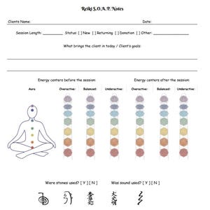 May include: A white Reiki S.O.A.P. Notes form featuring fields for client name, date, session length, and status. It includes a line drawing of a person in a seated pose with seven colored chakra points and columns to track energy centers.