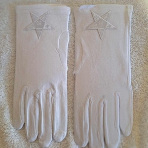 以下が含まれることがあります： 各手袋の背面に5つのポイントの星が刺繍された、白い綿の手袋のペアです