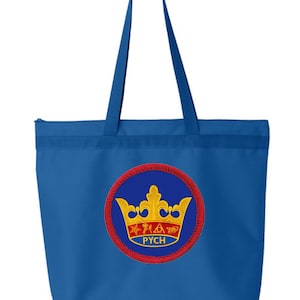 May include: A blue tote bag with a red and gold embroidered patch featuring a crown and the text "PYCH".
