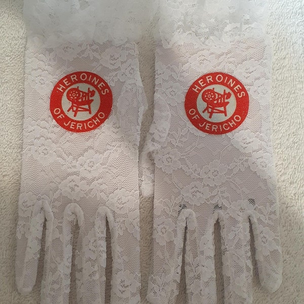 HOJ - Heroines of Jericho logo emblem lace gloves.  Delicate lace Jacquard pattern lace gloves.
