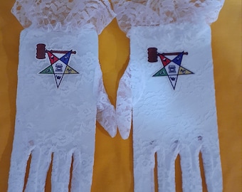 OES - Order of The Eastern Star with gavel logo emblem white lace gloves.