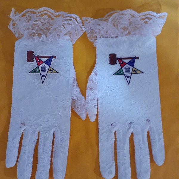 OES - Order of The Eastern Star with gavel logo emblem white lace gloves.