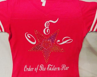 OES - Order of The Eastern Star rhinestone logo football style shirt