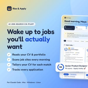 Puede incluir: Una interfaz digital para el copiloto de búsqueda de empleo con IA Rise & Apply. La pantalla muestra un panel con ofertas de trabajo, puntuaciones de ajuste y seguimiento de solicitudes. El texto incluye 'Wake up to jobs you'll actually want'.