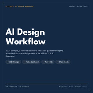 May include: A dark blue digital graphic titled AI Design Workflow. It includes text describing 200+ prompts, a Notion dashboard, and a tool guide for architects and 3D designers. Features four buttons labeled 200+ Prompts, Notion Dashboard, Tool Guide, and Cheat Sheets.